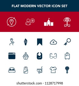 Modern, simple vector icon set with location, navigation, sweet, boat, sky, security, browser, sun, route, parachute, rattle, key, child, umbrella, summer, cloud, website, tower, sign, road, sea icons