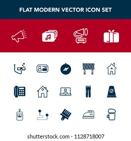 Modern, simple vector icon set with celebration, sport, building, gift, voice, present, house, retro, call, music, loud, street, sign, background, mask, estate, video, file, real, vintage, map icons