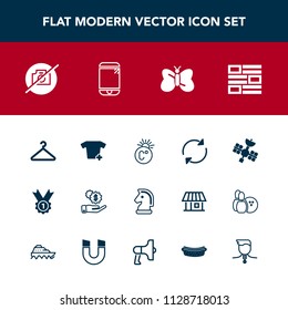 Modern, simple vector icon set with winner, phone, fahrenheit, butterfly, scale, hanger, business, nature, cloakroom, shirt, camera, horse, cell, reload, picture, beauty, refresh, money, award icons