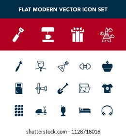 Modern, simple vector icon set with folk, gift, gold, cooking, winner, exercise, shovel, food, tool, kitchen, celebration, dessert, holiday, landmark, airplane, musical, equipment, aircraft, gym icons