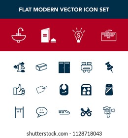 Modern, simple vector icon set with pin, infant, concept, hand, map, good, search, success, water, rattle, keyboard, glasses, home, sign, aircraft, airplane, paper, baby, work, door, technology icons