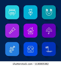 Modern, simple vector icon set on colorful long shadow backgrounds with open, global, building, astronomy, search, satellite, vision, home, protection, space, glasses, house, blossom, blue, sky icons.