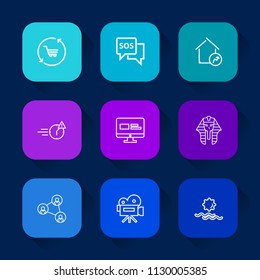 Modern, simple vector icon set on colorful long shadow backgrounds with white, camera, web, retail, sunrise, morning, movie, pharaoh, video, business, ancient, sos, communication, culture, sign icons.