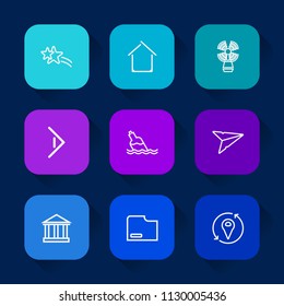 Modern, simple vector icon set on colorful long shadow backgrounds with seamark, clean, shiny, holiday, light, europe, home, send, sea, abstract, right, construction, email, file, sign, liquid icons.