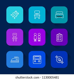 Modern, simple vector icon set on colorful long shadow backgrounds with hotel, equipment, house, room, happy, web, ribbon, movie, checklist, check, comfortable, bed, standing, female, button icons.