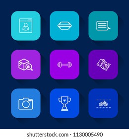 Modern, simple vector icon set on colorful long shadow backgrounds with man, pin, trend, message, fast, profile, bicycle, competition, internet, report, camera, hamburger, transportation, cup icons.