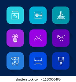 Modern, simple vector icon set on colorful long shadow backgrounds with business, bugle, boat, yacht, view, cash, bed, money, sea, purse, bedroom, paintbrush, ocean, lamp, package, lightbulb icons.