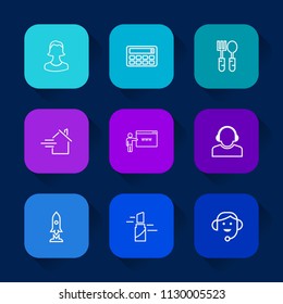Modern, simple vector icon set on colorful long shadow backgrounds with rocket, center, office, kitchen, profile, sign, space, user, calculator, spaceship, social, knife, fork, house, fashion icons.