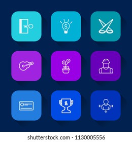 Modern, simple vector icon set on colorful long shadow backgrounds with musical, achievement, spotlight, builder, concept, growth, person, backdrop, music, exit, award, success, cheque, escape icons.