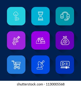 Modern, simple vector icon set on colorful long shadow backgrounds with cart, trolley, global, retail, watch, call, countdown, home, clock, hourglass, roof, banking, financial, center, timer icons.