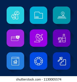 Modern, simple vector icon set on colorful long shadow backgrounds with water, antenna, alcohol, ring, real, drink, natural, mushroom, property, house, glass, down, pool, document, satellite icons.