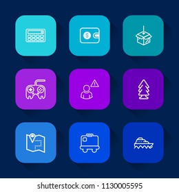 Modern, simple vector icon set on colorful long shadow backgrounds with arrow, web, money, download, calculator, ship, dollar, finance, landscape, luggage, technology, nature, upload, cash, map icons.
