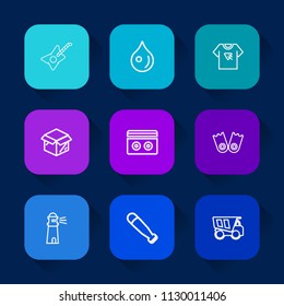 Modern, simple vector icon set on colorful long shadow backgrounds with lighthouse, audio, dumper, flipper, sound, unpacking, ocean, wet, transparent, water, abstract, white, equipment, musical icons.