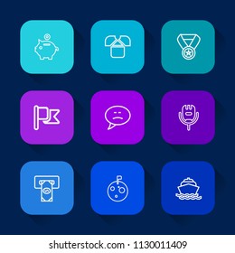 Modern, simple vector icon set on colorful long shadow backgrounds with nation, finance, national, planet, template, yacht, front, white, win, cotton, chat, reward, coin, shirt, success, tshirt icons.