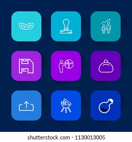 Modern, simple vector icon set on colorful long shadow backgrounds with mask, stamp, diskette, carnival, bbq, business, personal, development, barbecue, party, template, technology, meat, grill icons.