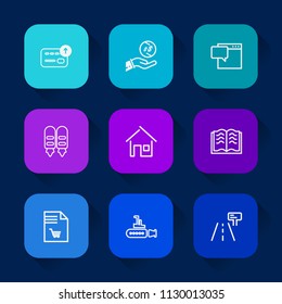 Modern, simple vector icon set on colorful long shadow backgrounds with bank, architecture, estate, sign, notebook, traffic, coin, bubble, currency, dialog, real, , home, market, road, dollar icons.