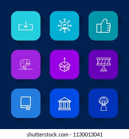 Modern, simple vector icon set on colorful long shadow backgrounds with cutout, communication, sky, education, box, technology, sound, study, unpacking, website, greece, sea, white, web, button icons.
