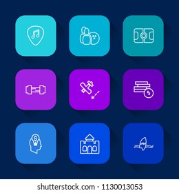 Modern, simple vector icon set on colorful long shadow backgrounds with pitch, medieval, guitar, tropical, money, travel, airplane, gym, surfing, coin, plane, stadium, sound, game, football icons.