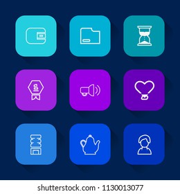 Modern, simple vector icon set on colorful long shadow backgrounds with web, container, white, money, love, purse, document, communication, award, cooler, hourglass, hot, winner, watch, cold icons.