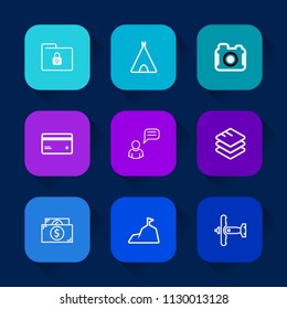 Modern, simple vector icon set on colorful long shadow backgrounds with adventure, document, tent, plane, data, finance, currency, money, equipment, nature, lock, internet, safety, protection icons.