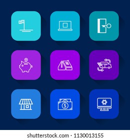 Modern, simple vector icon set on colorful long shadow backgrounds with bank, fire, investment, nature, sign, construction, cortes, currency, roof, ocean, sea, finance, window, door, money, car icons.