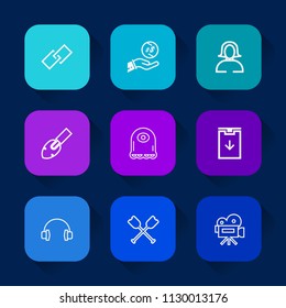 Modern, simple vector icon set on colorful long shadow backgrounds with shovel, dollar, beauty, security, interface, female, finance, alien, wealth, character, link, music, young, tripod, water icons.