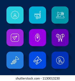 Modern, simple vector icon set on colorful long shadow backgrounds with bugle, online, music, sport, search, fashion, email, web, sea, equipment, jazz, watch, needle, application, craft, idea icons.
