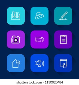 Modern, simple vector icon set on colorful long shadow backgrounds with bus, fiction, ufo, hand, photography, box, direction, science, pen, mouse, space, analysis, home, owner, photographer icons.