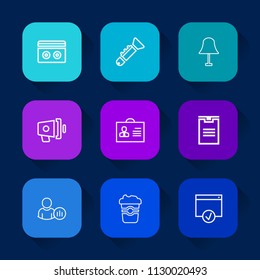Modern, simple vector icon set on colorful long shadow backgrounds with bugle, record, internet, jazz, audio, person, mug, loudspeaker, speaker, cassette, page, trumpet, orchestra, lamp, cup icons.