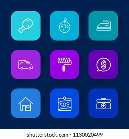 Modern, simple vector icon set on colorful long shadow backgrounds with transport, fried, roller, estate, price, meat, sign, ironing, domestic, home, housework, snack, chicken, van, brush, aid icons.