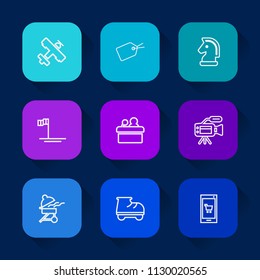 Modern, simple vector icon set on colorful long shadow backgrounds with technology, mexico, transport, grill, mobile, horse, sign, phone, speaker, meeting, beautiful, strategy, online, plane icons.