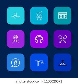 Modern, simple vector icon set on colorful long shadow backgrounds with business, shop, tape, motivation, sea, frame, construction, surfing, paddle, audio, saw, music, ocean, development, care icons.