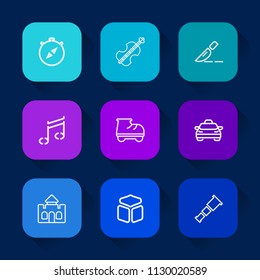 Modern, simple vector icon set on colorful long shadow backgrounds with cube, space, nautical, roller, medical, taxi, classical, compass, note, surgeon, east, string, north, white, square, car icons.