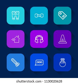 Modern, simple vector icon set on colorful long shadow backgrounds with chat, fitness, reflection, exercise, concept, speech, instrument, gym, up, vision, bomb, technology, price, laboratory icons.