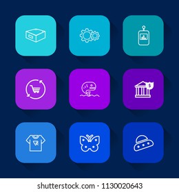 Modern, simple vector icon set on colorful long shadow backgrounds with remote, seafood, ship, web, wing, video, button, shop, drawer, banking, butterfly, sign, furniture, food, keypad, retail icons.