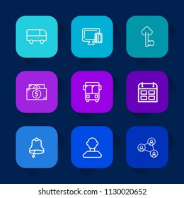 Modern, simple vector icon set on colorful long shadow backgrounds with street, schedule, antique, bell, white, vintage, banking, security, screen, money, metal, profile, transport, lock, cash icons.