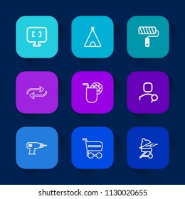 Modern, simple vector icon set on colorful long shadow backgrounds with paint, replacement, work, screen, tent, bbq, outdoor, trolley, glass, nature, concept, market, roller, pc, account, roll icons.