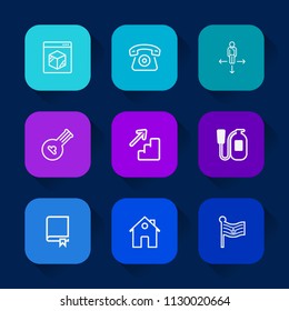 Modern, simple vector icon set on colorful long shadow backgrounds with travel, internet, home, place, freight, house, nation, real, logistic, downstairs, musical, direction, equipment, up icons.