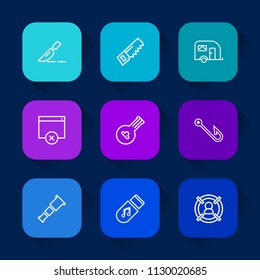 Modern, simple vector icon set on colorful long shadow backgrounds with operation, traffic, saw, vehicle, hook, customer, space, musical, sound, surgeon, folk, medical, rod, fish, target, night icons.