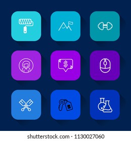 Modern, simple vector icon set on colorful long shadow backgrounds with exercise, paintbrush, girl, mountain, element, sport, equipment, laboratory, canoe, oar, fitness, frame, young, paint icons.