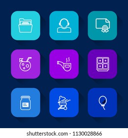 Modern, simple vector icon set on colorful long shadow backgrounds with balloon, cooking, service, grill, object, paper, holiday, money, container, air, blank, glass, finance, cocktail, folder icons.
