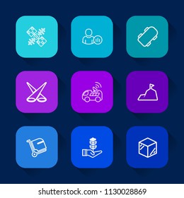 Modern, simple vector icon set on colorful long shadow backgrounds with science, seedling, global, antenna, skater, baggage, vehicle, status, background, technology, wireless, media, skateboard icons.