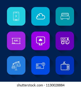 Modern, simple vector icon set on colorful long shadow backgrounds with technology, cash, web, truck, stop, vehicle, connection, coaxial, dumper, wire, finance, tv, furniture, double, balance icons.
