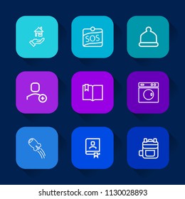 Modern, simple vector icon set on colorful long shadow backgrounds with sign, rent, equipment, address, rucksack, hat, fashion, book, real, contact, rescue, craft, bag, sos, office, cap, space icons.