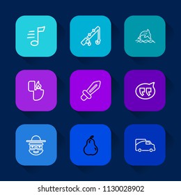 Modern, simple vector icon set on colorful long shadow backgrounds with chat, music, bubble, rod, vehicle, character, object, animal, equipment, food, fire, sword, organic, musical, transport icons.