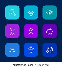 Modern, simple vector icon set on colorful long shadow backgrounds with halloween, upload, sound, person, internet, music, water, medical, body, sea, ghost, horror, boat, transport, parasol icons.