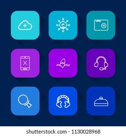 Modern, simple vector icon set on colorful long shadow backgrounds with office, connection, add, cord, web, cloud, folder, tropical, travel, blank, paper, bag, sound, trip, search, microphone icons.