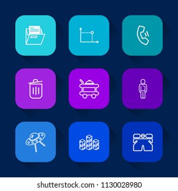 Modern, simple vector icon set on colorful long shadow backgrounds with fashion, recycling, technology, paper, telephone, spacecraft, geometry, storage, storehouse, object, empty, open, room icons.