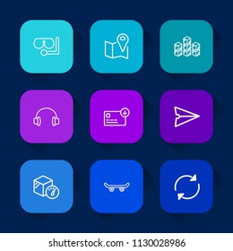Modern, simple vector icon set on colorful long shadow backgrounds with communication, package, location, warehouse, industrial, sport, skate, travel, distribution, email, reload, web, sound icons.