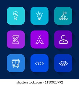 Modern, simple vector icon set on colorful long shadow backgrounds with glasses, safety, outdoor, success, hour, internet, businessman, transportation, tent, camp, adventure, sea, job, travel icons.